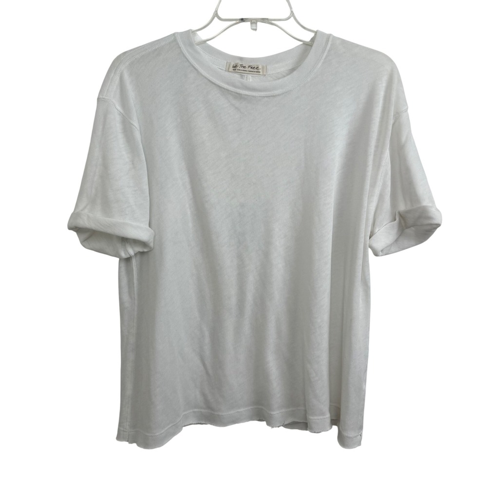 We The Free‎ White T Shirt Rolled Sleeve Distressed Raw Hem Size Small Boxy